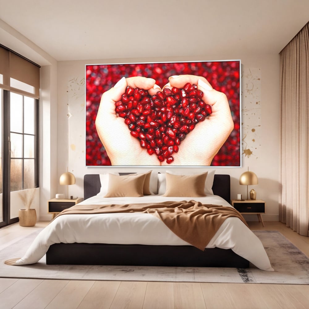 Tablou canvas cu maini care tin seminte de rodie in forma de inima, in rama de aluminiu argintiu, pe perete intr-un dormitor