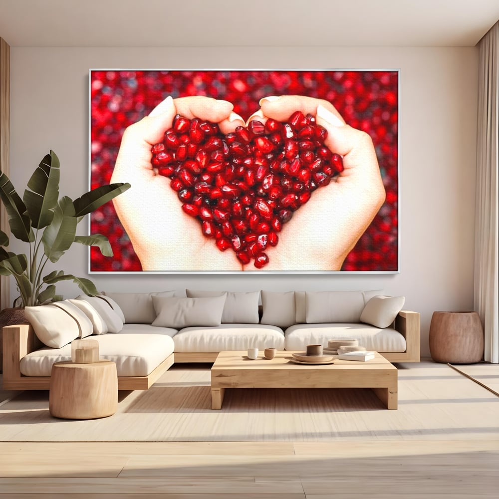 Tablou canvas cu maini care tin seminte de rodie in forma de inima, in rama de aluminiu argintiu, pe perete intr-un living