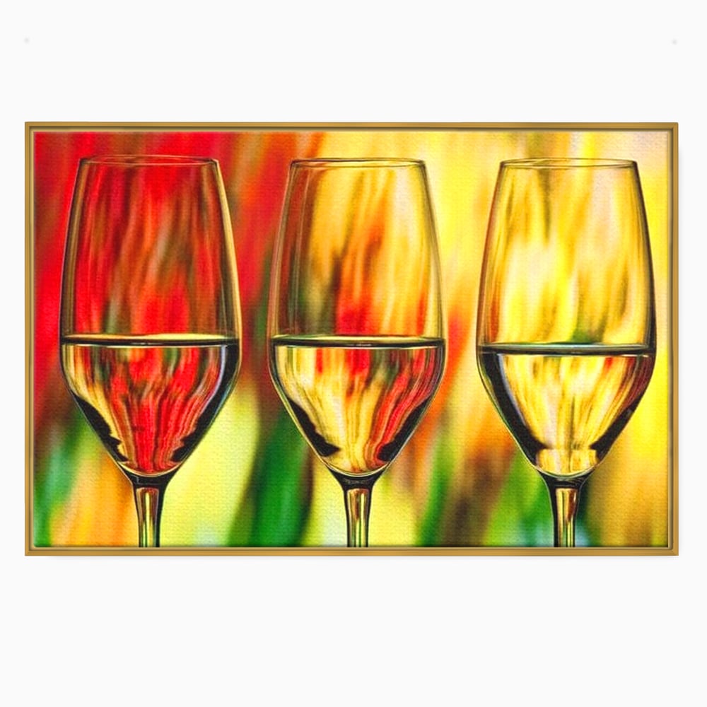 Tablou canvas cu pictura abstracta cu trei pahare de vin, in rama de aluminiu auriu