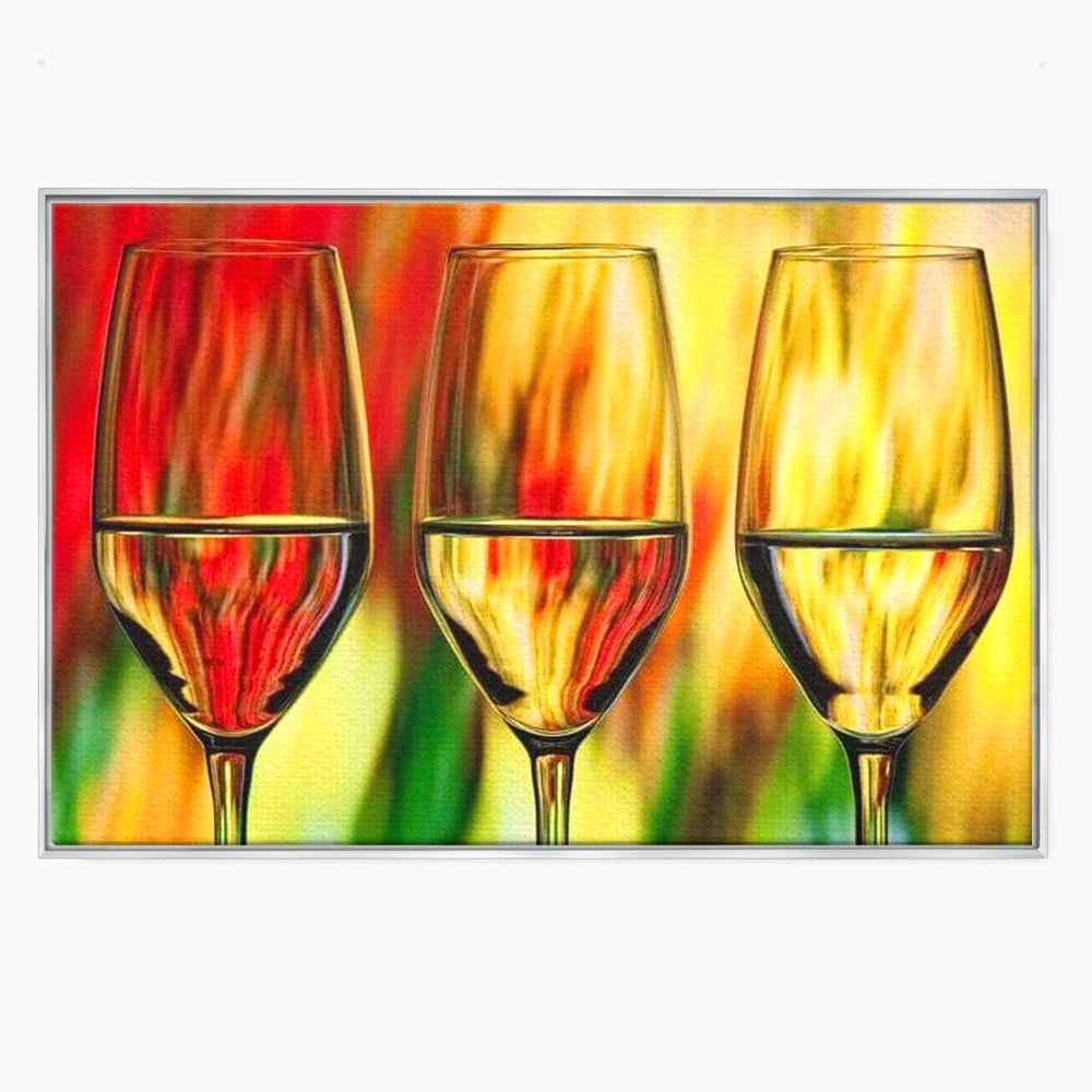 Tablou canvas cu pictura abstracta cu trei pahare de vin, in rama de aluminiu argintiu