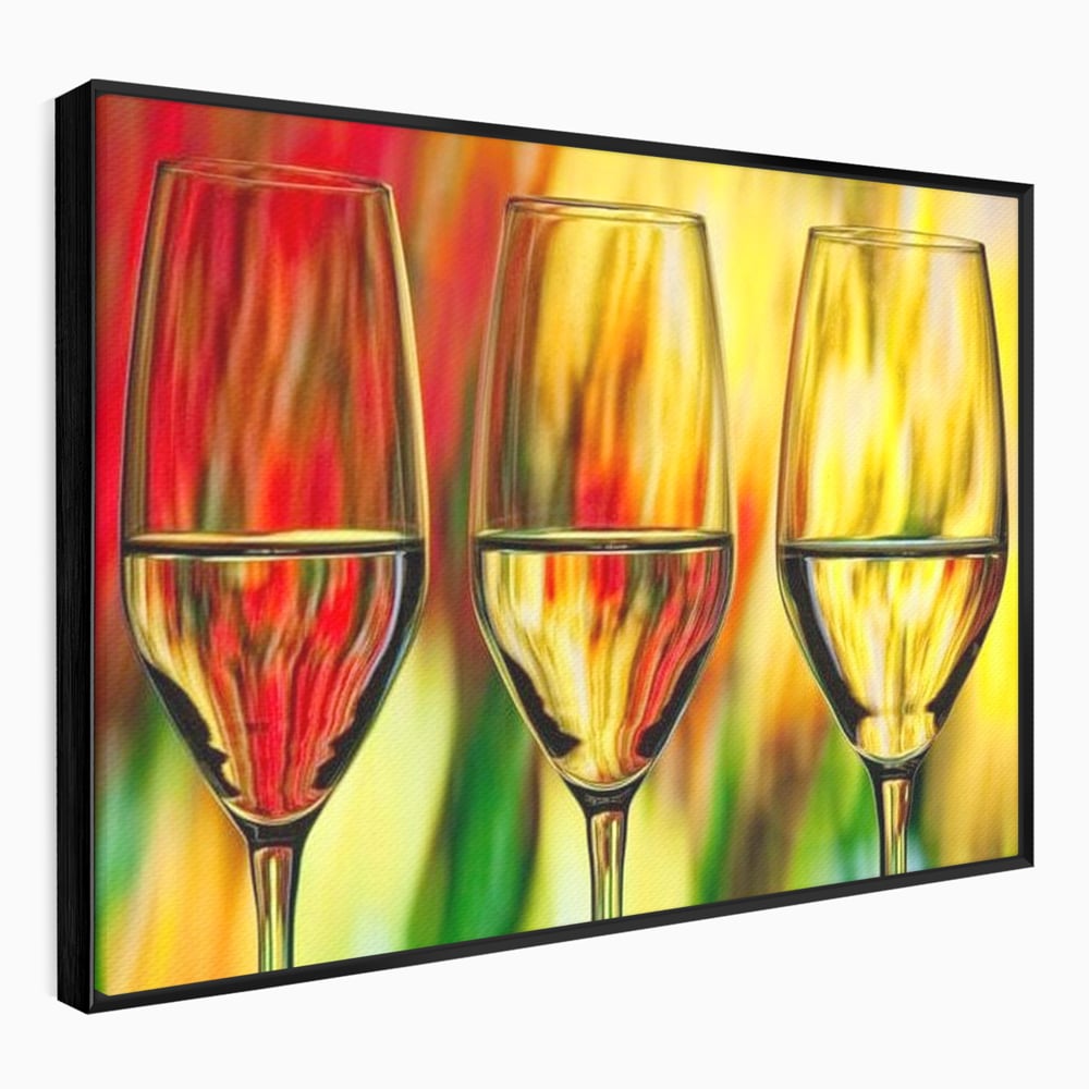 Tablou canvas cu pictura abstracta cu trei pahare de vin, in rama de aluminiu negru