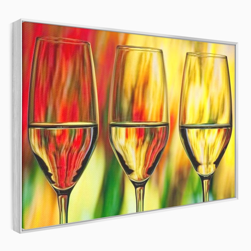 Tablou canvas cu pictura abstracta cu trei pahare de vin, in rama de aluminiu argintiu