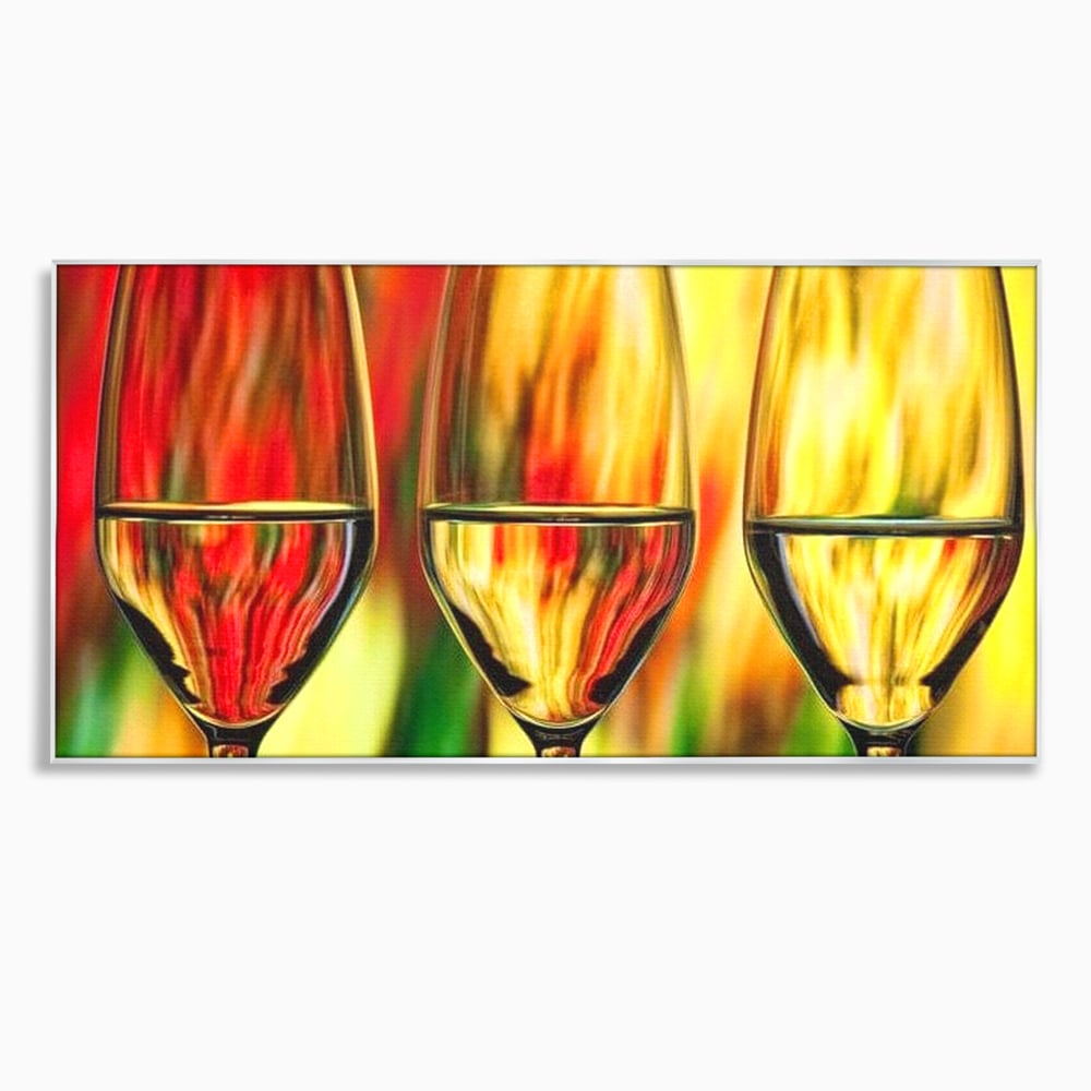 Tablou canvas cu pictura abstracta cu trei pahare de vin, in rama de aluminiu argintiu