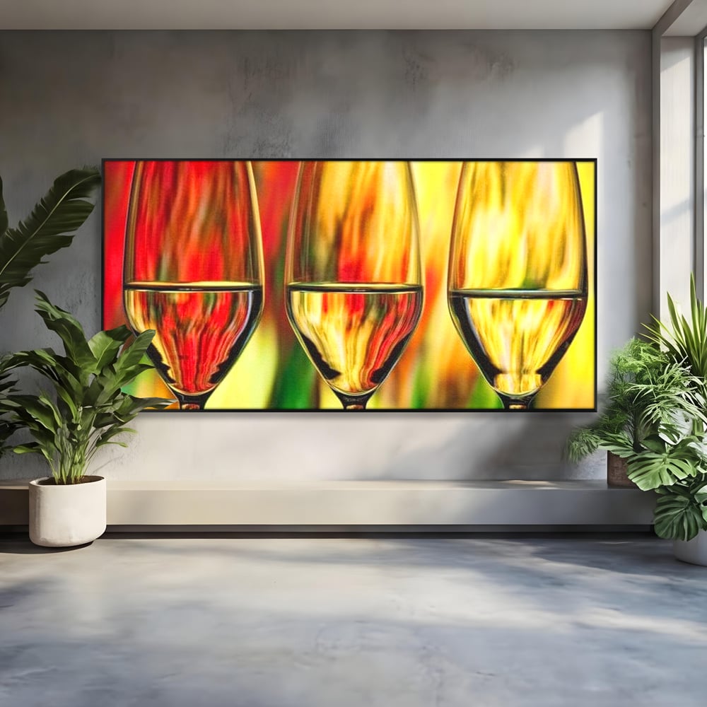 Tablou canvas cu pictura abstracta cu trei pahare de vin, in rama de aluminiu negru