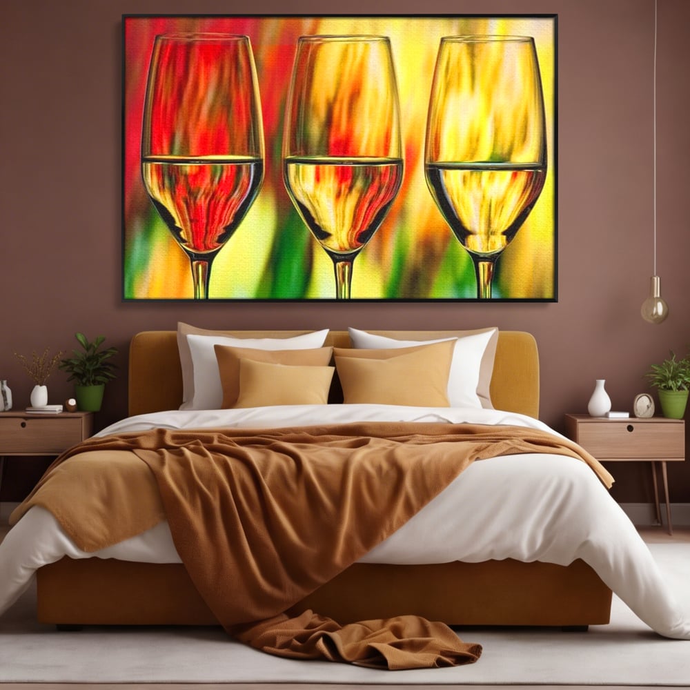Tablou canvas cu pictura abstracta cu trei pahare de vin, in rama de aluminiu negru, pe perete intr-un dormitor