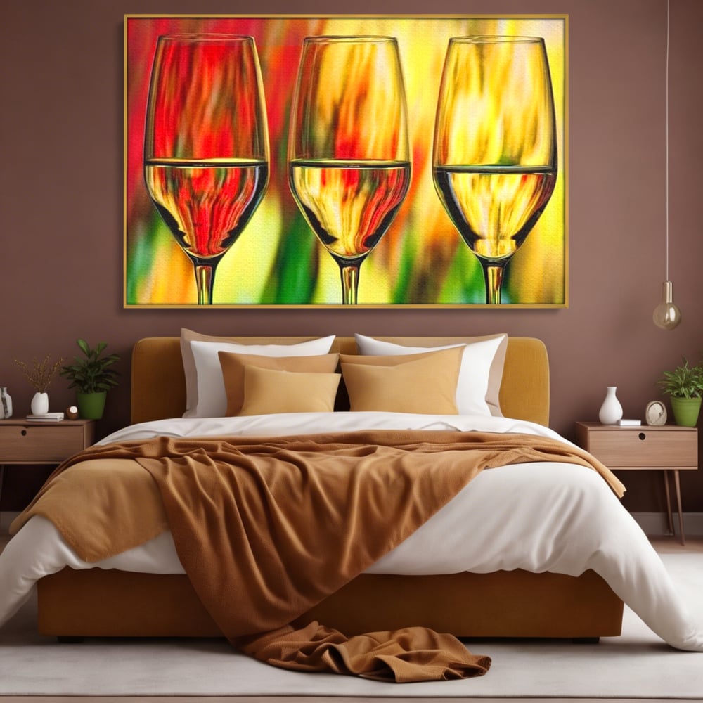 Tablou canvas cu pictura abstracta cu trei pahare de vin, in rama de aluminiu auriu, pe perete intr-un dormitor
