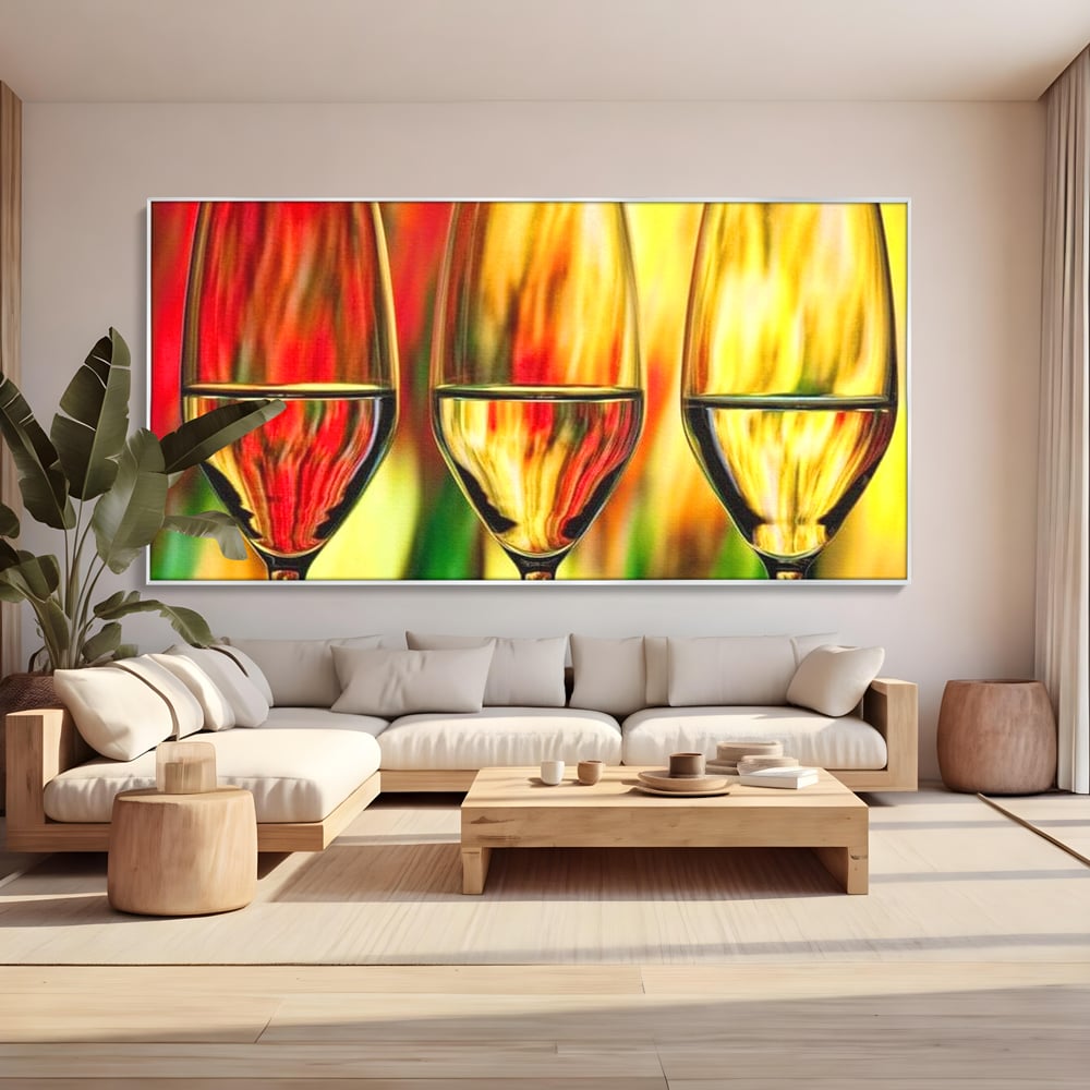Tablou canvas cu pictura abstracta cu trei pahare de vin, in rama de aluminiu argintiu, pe perete intr-un living