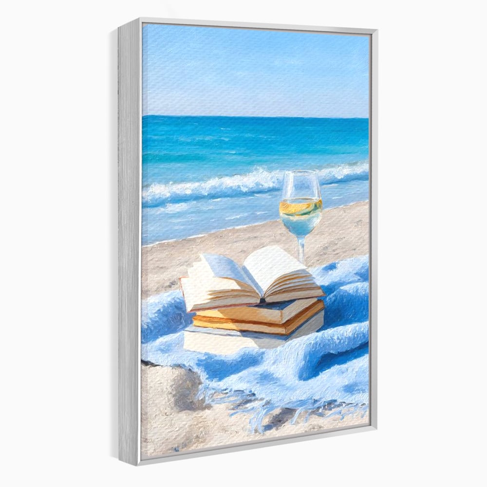Tablou canvas cu pictura cu carti si pahar de vin pe plaja, in rama de aluminiu argintiu