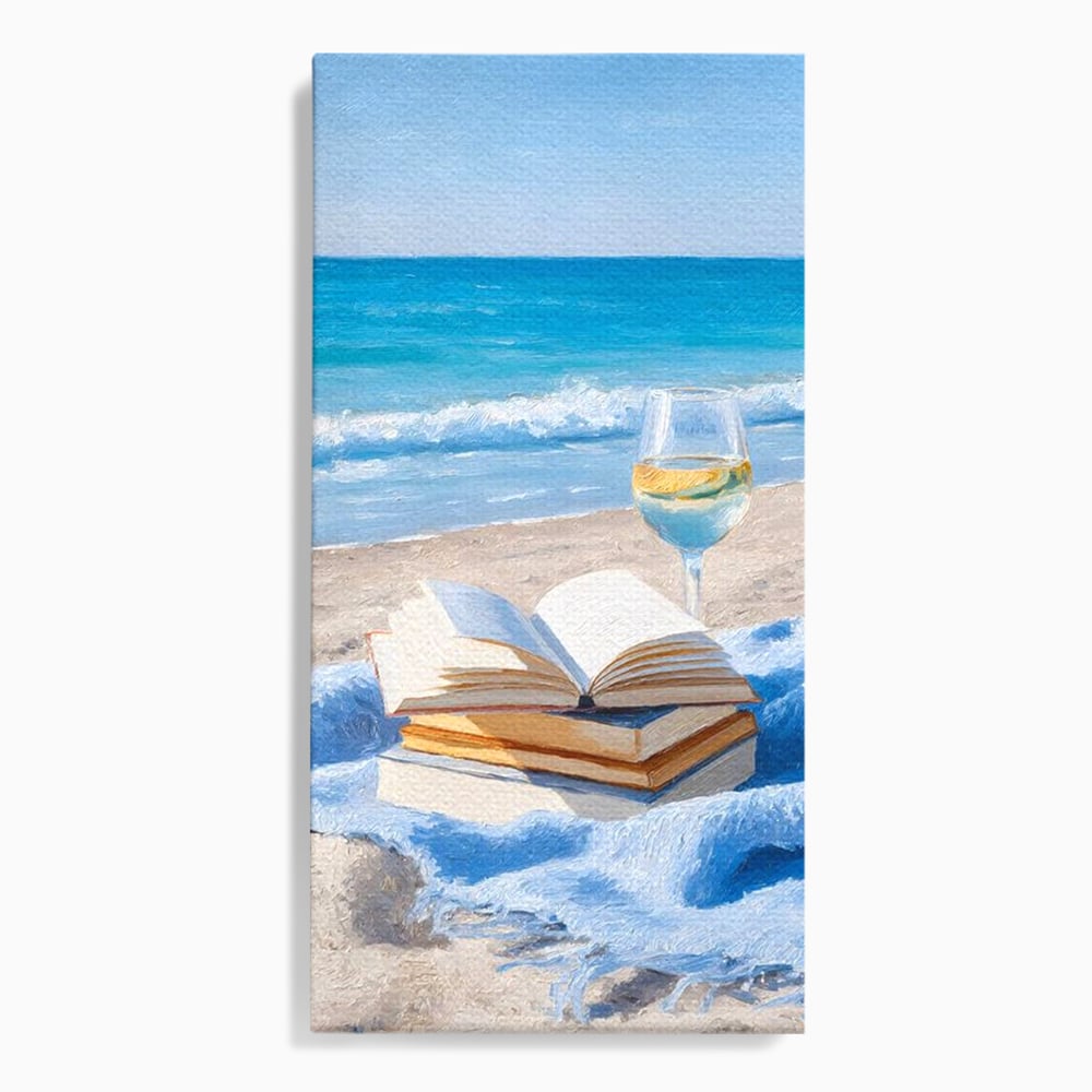 Tablou canvas cu pictura cu carti si pahar de vin pe plaja, fara rama, pe sasiu de lemn