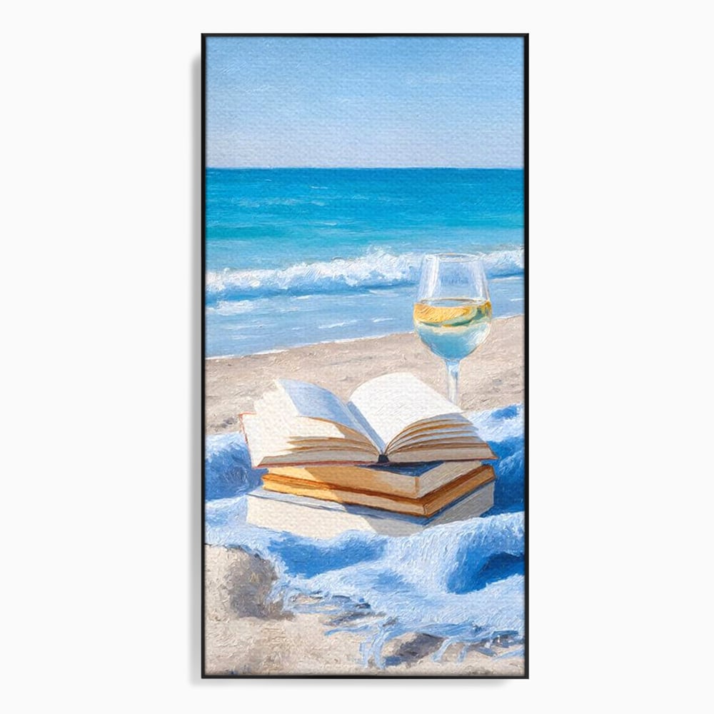Tablou canvas cu pictura cu carti si pahar de vin pe plaja, in rama de aluminiu negru