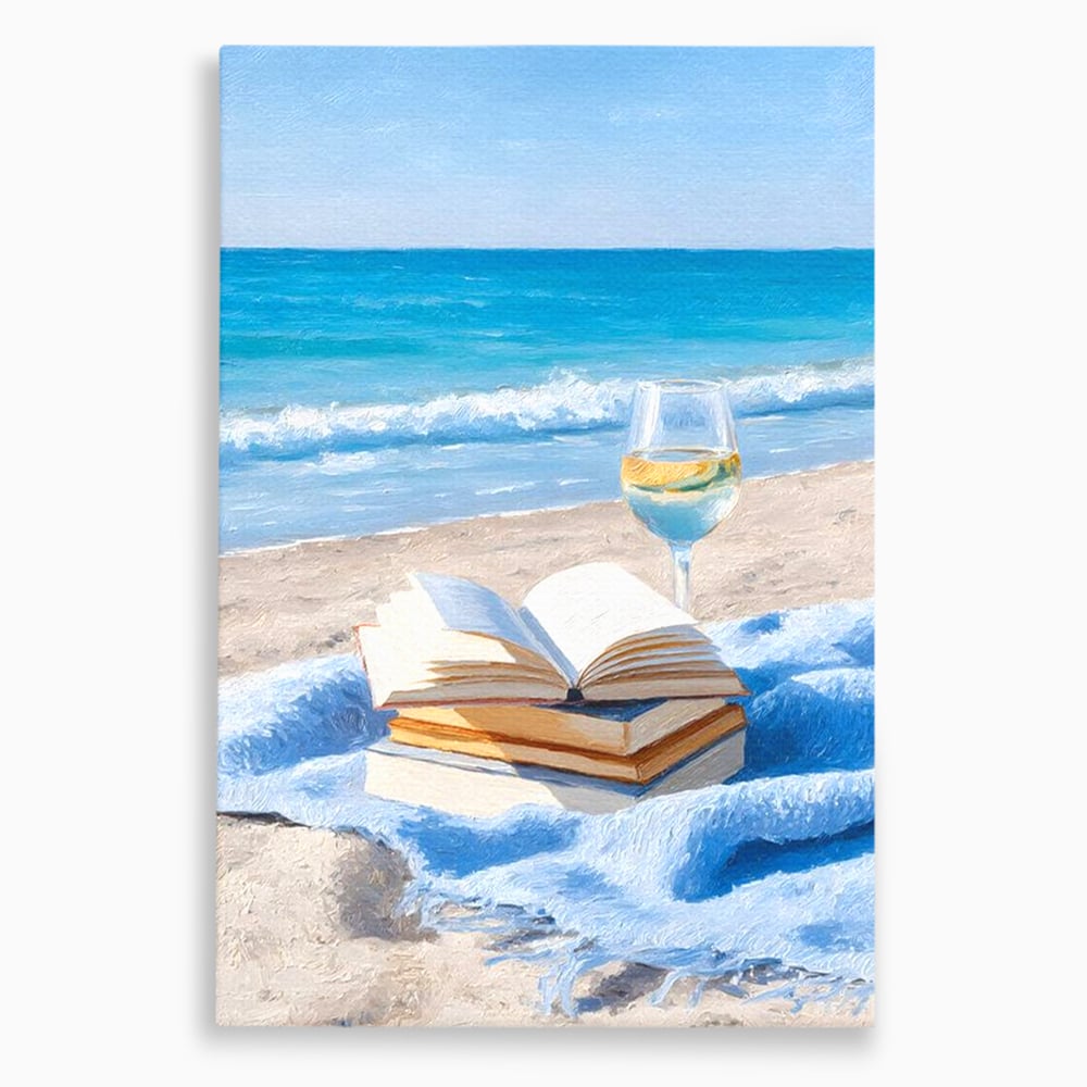 Tablou canvas cu pictura cu carti si pahar de vin pe plaja, fara rama, pe sasiu de lemn