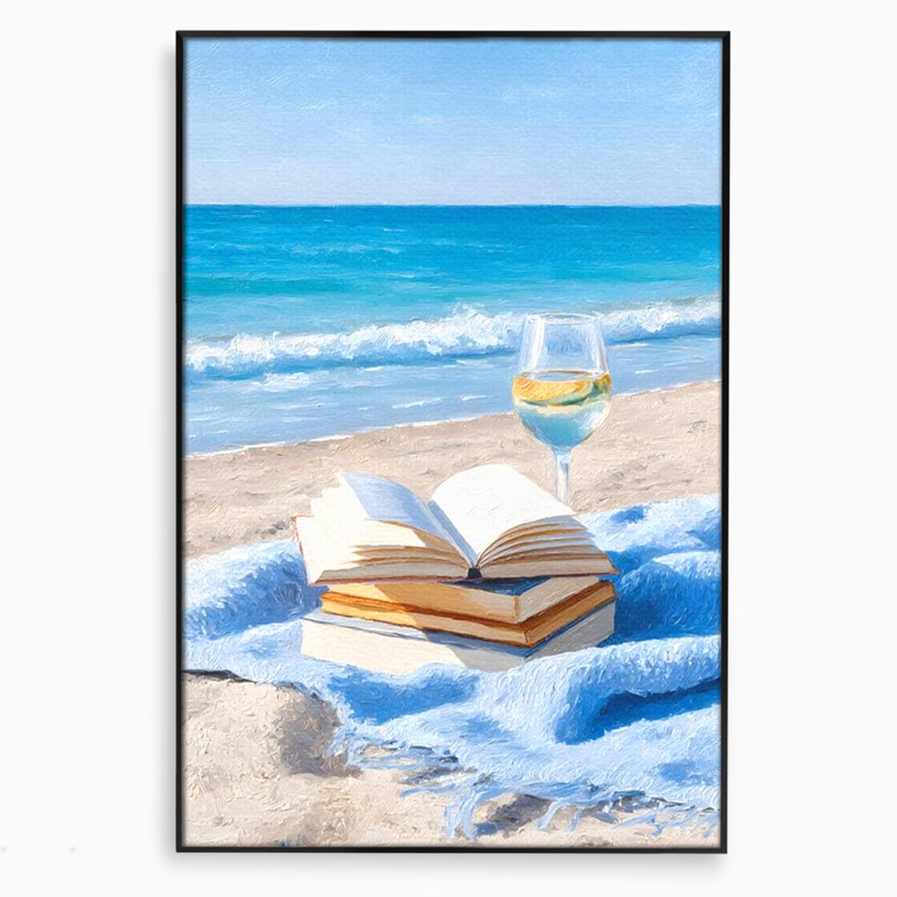 Tablou canvas cu pictura cu carti si pahar de vin pe plaja, in rama de aluminiu negru