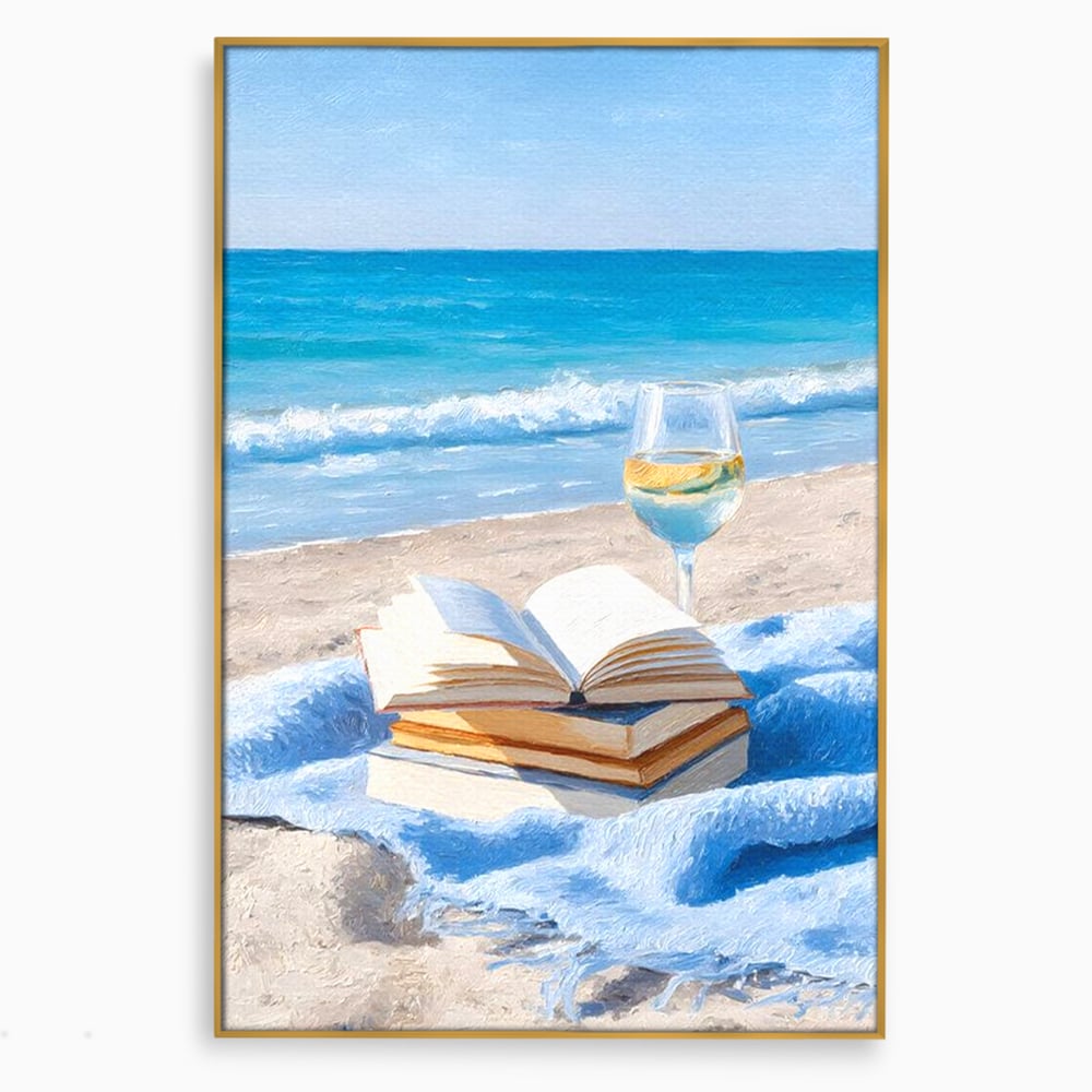 Tablou canvas cu pictura cu carti si pahar de vin pe plaja, in rama de aluminiu auriu