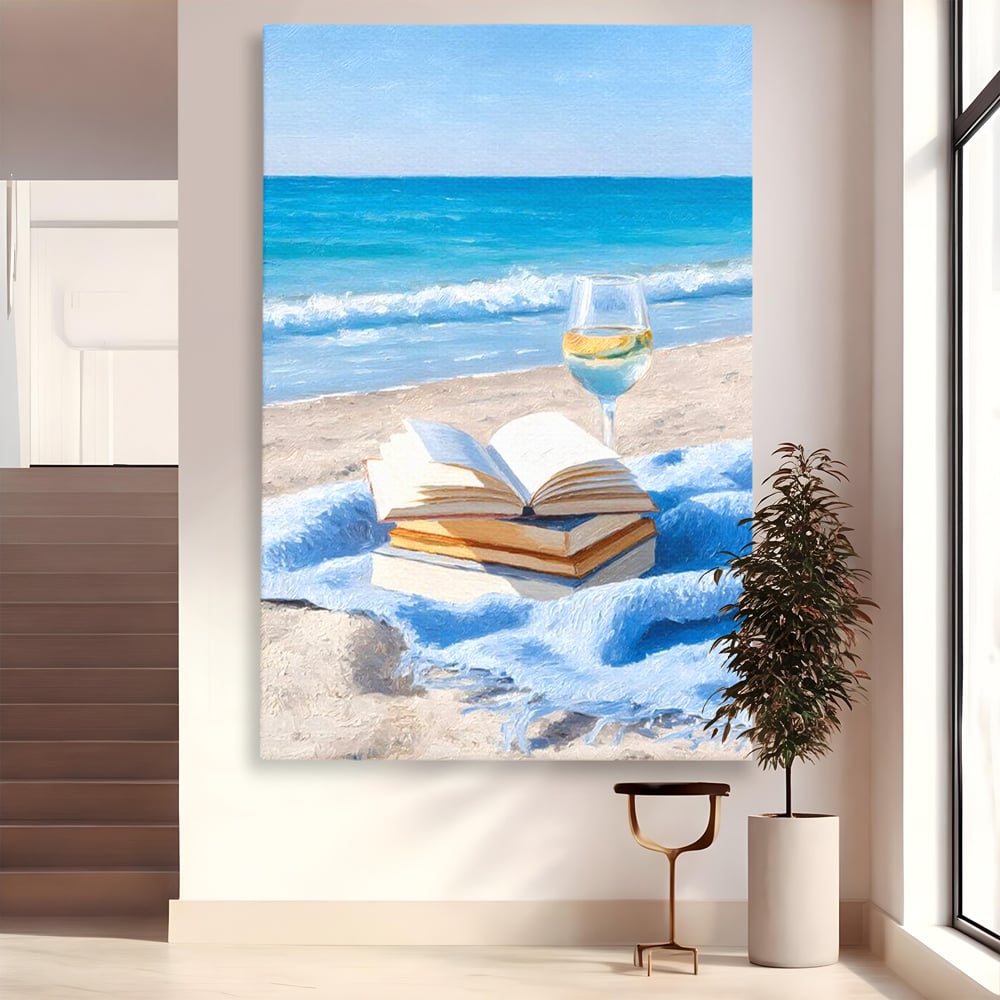 Tablou canvas cu pictura cu carti si pahar de vin pe plaja, fara rama, pe sasiu de lemn