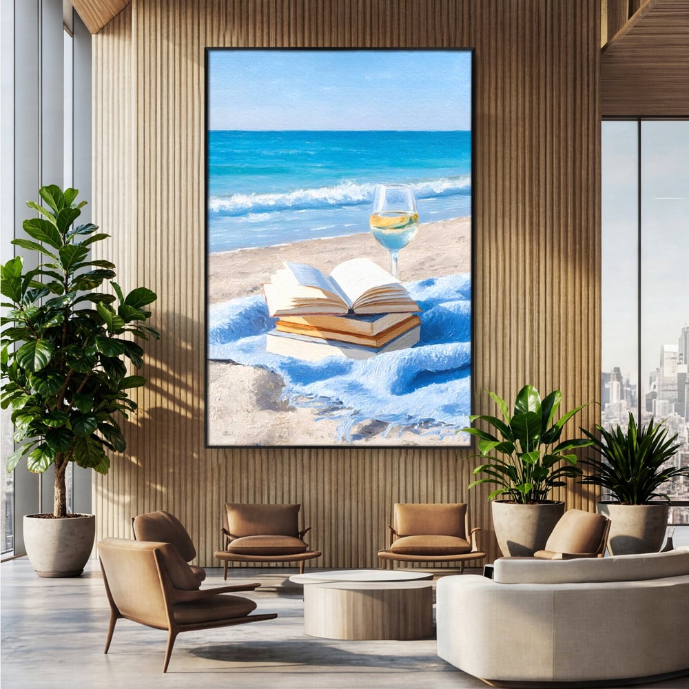 Tablou canvas cu pictura cu carti si pahar de vin pe plaja, in rama de aluminiu negru, pe perete intr-un birou