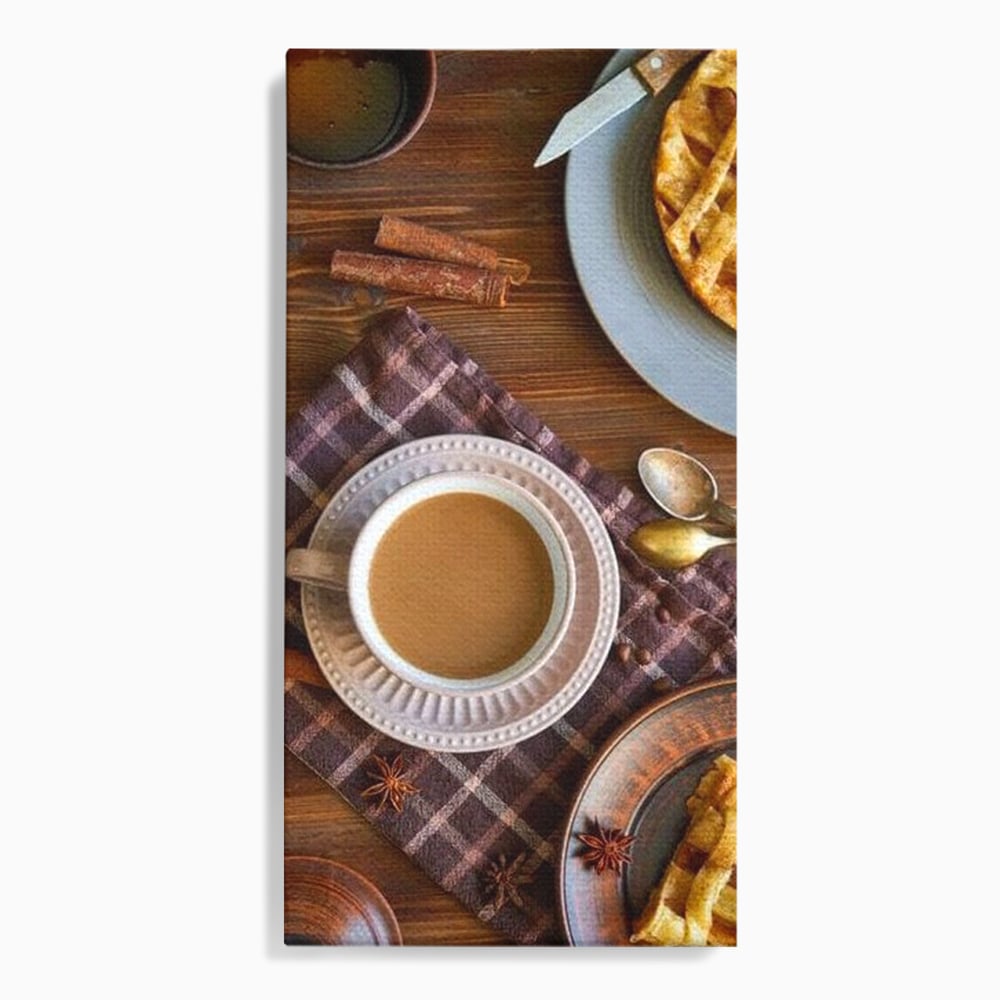Tablou canvas cu natura moarta cu cafea si placinta, fara rama, pe sasiu de lemn