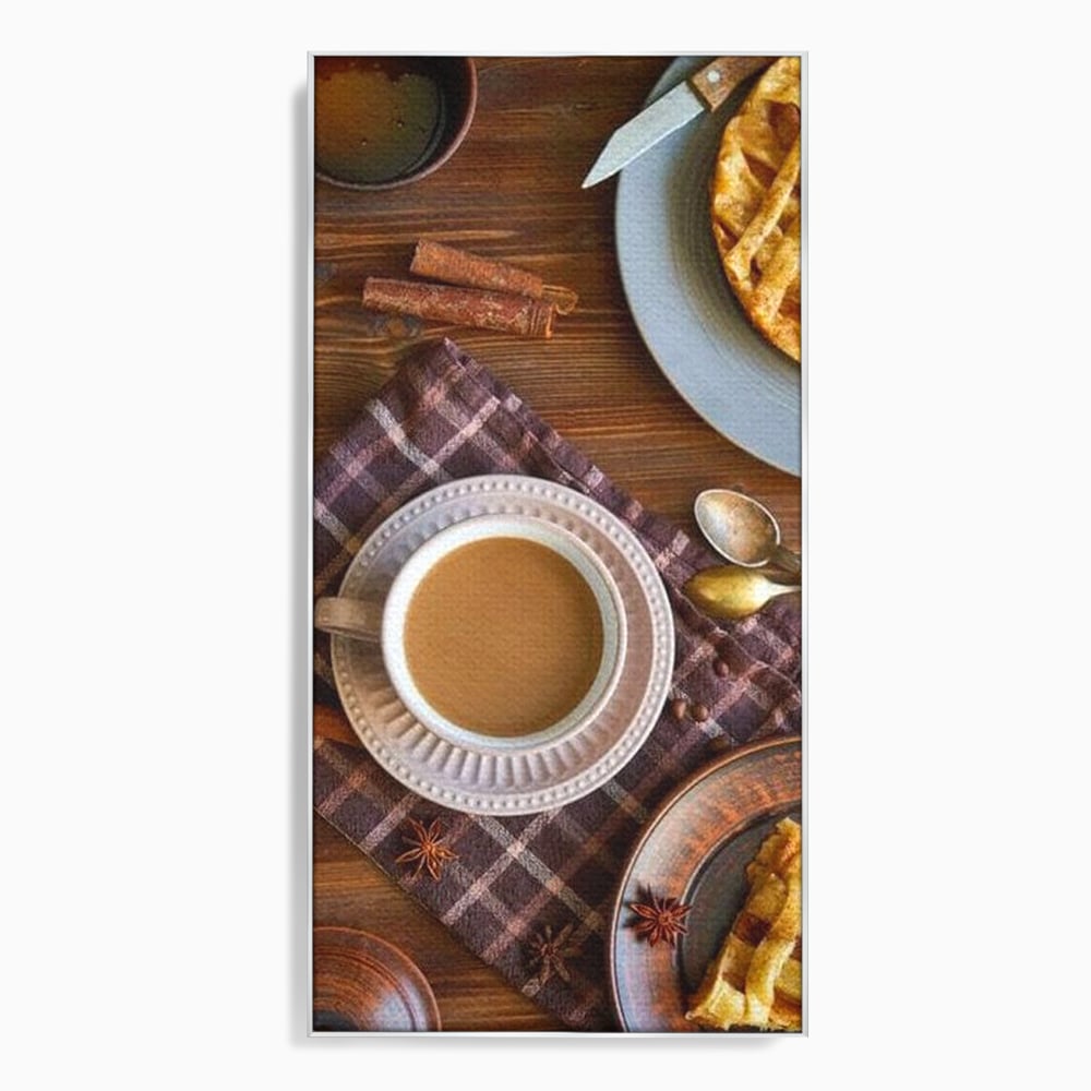 Tablou canvas cu natura moarta cu cafea si placinta, in rama de aluminiu argintiu