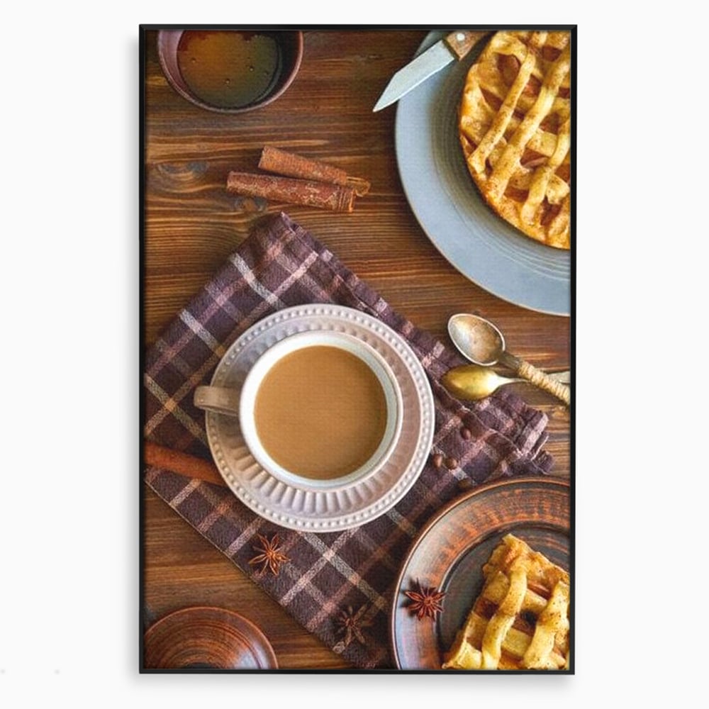 Tablou canvas cu natura moarta cu cafea si placinta, in rama de aluminiu negru