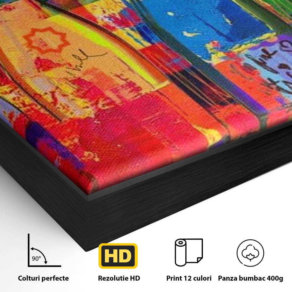 Detaliu al suprafetei: tablou canvas cu sticle colorate de vin, in rama de aluminiu negru