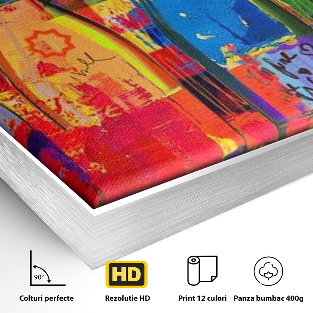 Detaliu al suprafetei: tablou canvas cu sticle colorate de vin, in rama de aluminiu argintiu