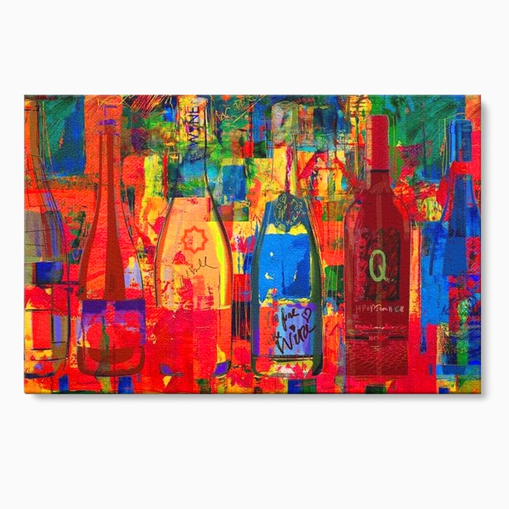 Tablou canvas cu tablou canvas cu sticle colorate de vin, fara rama, pe sasiu de lemn