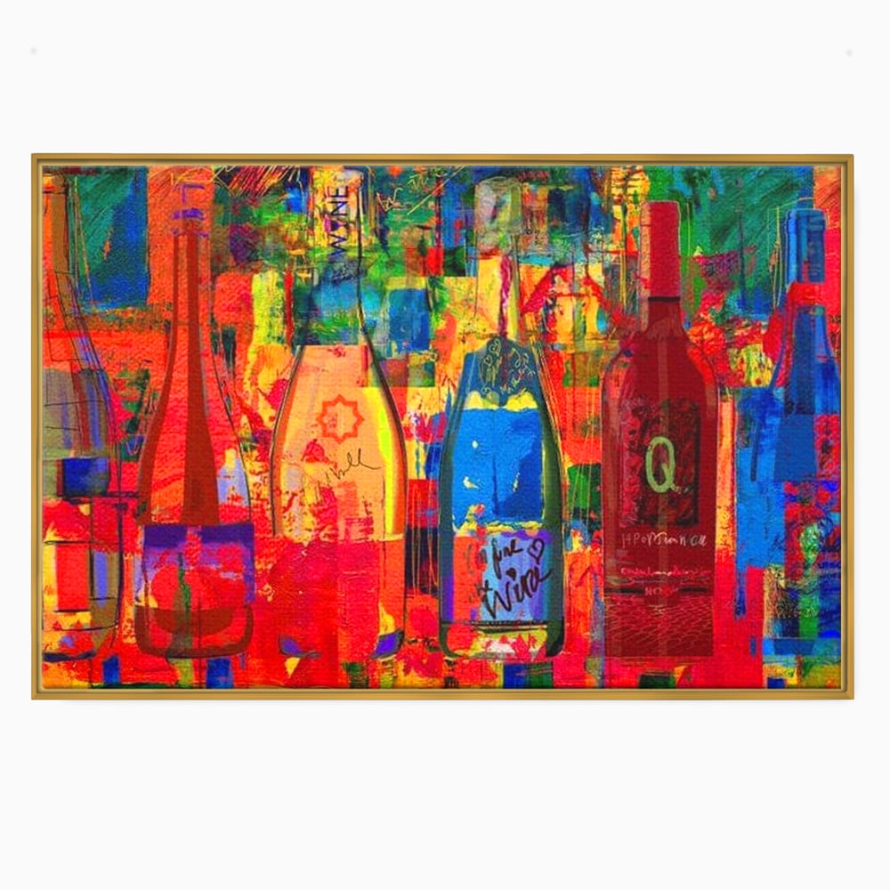 Tablou canvas cu tablou canvas cu sticle colorate de vin, in rama de aluminiu auriu