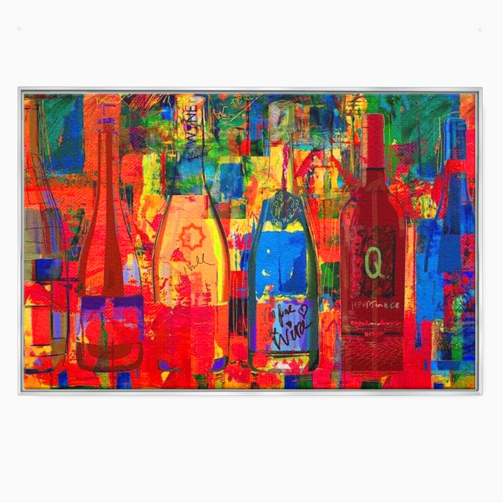 Tablou canvas cu tablou canvas cu sticle colorate de vin, in rama de aluminiu argintiu
