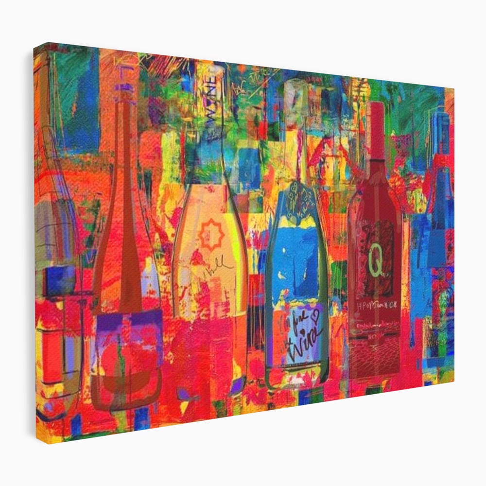 Tablou canvas cu tablou canvas cu sticle colorate de vin, fara rama, pe sasiu de lemn