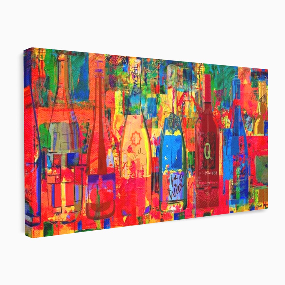 Tablou canvas cu tablou canvas cu sticle colorate de vin, fara rama, pe sasiu de lemn