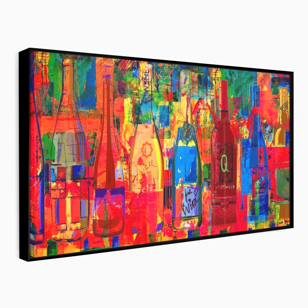 Tablou canvas cu tablou canvas cu sticle colorate de vin, in rama de aluminiu negru