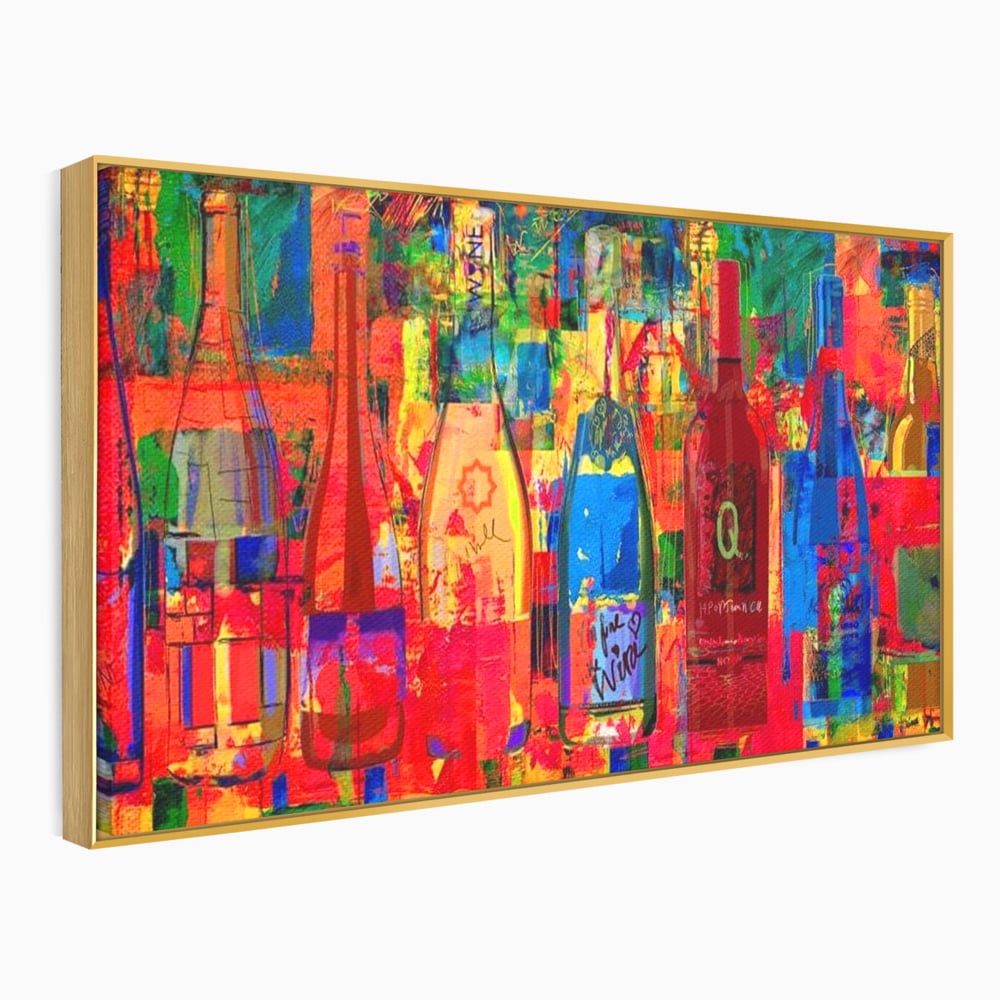 Tablou canvas cu tablou canvas cu sticle colorate de vin, in rama de aluminiu auriu