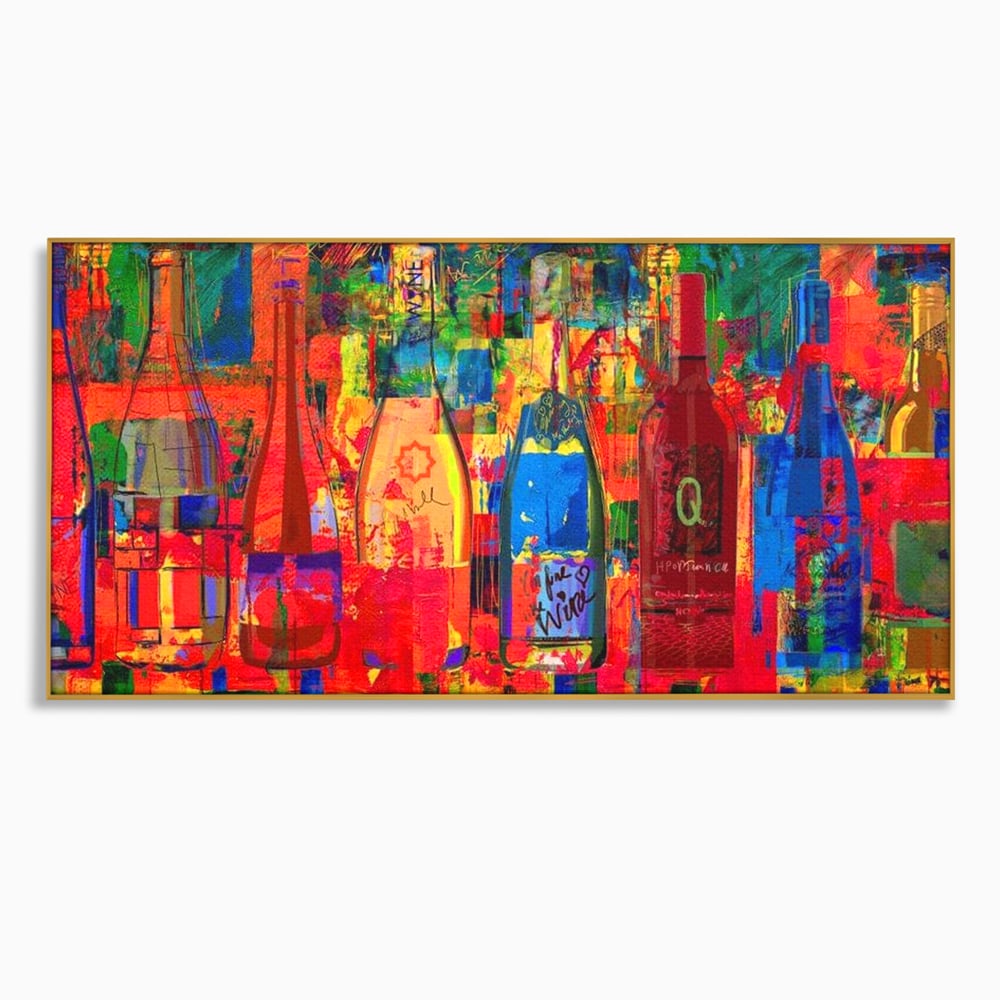 Tablou canvas cu tablou canvas cu sticle colorate de vin, in rama de aluminiu auriu