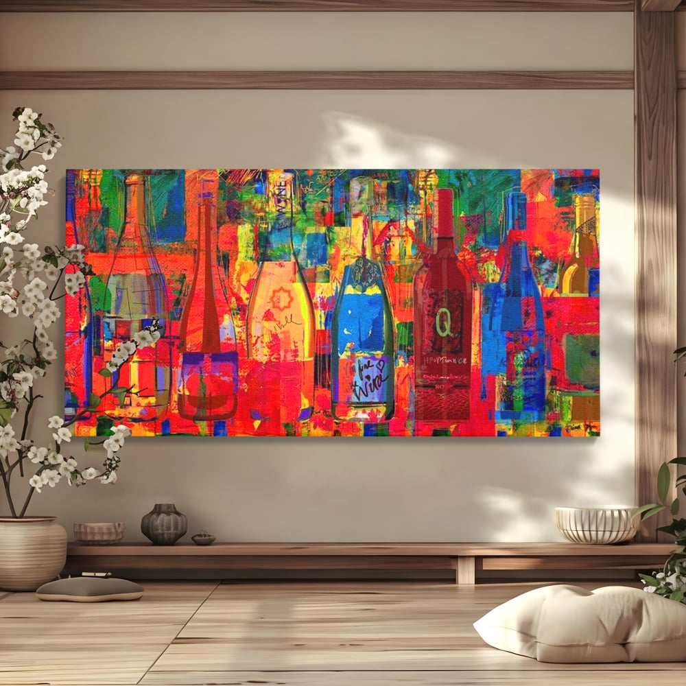 Tablou canvas cu tablou canvas cu sticle colorate de vin, fara rama, pe sasiu de lemn