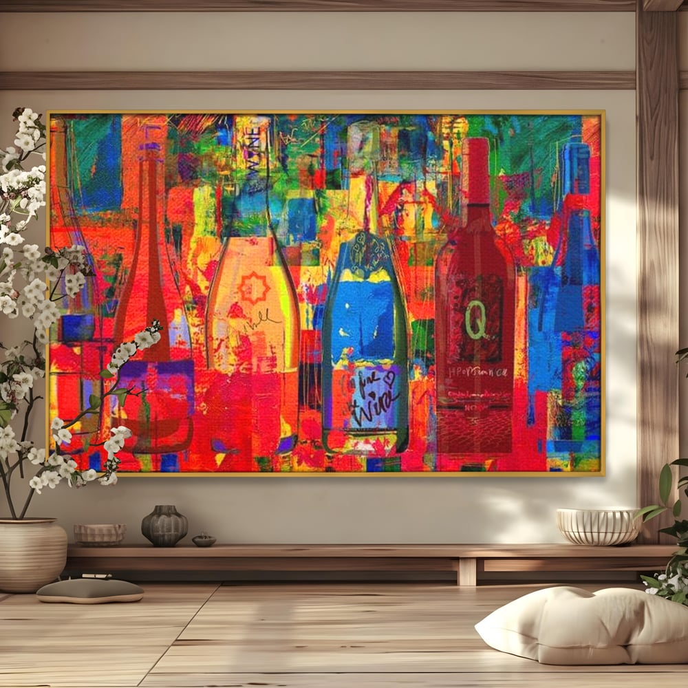 Tablou canvas cu tablou canvas cu sticle colorate de vin, in rama de aluminiu auriu