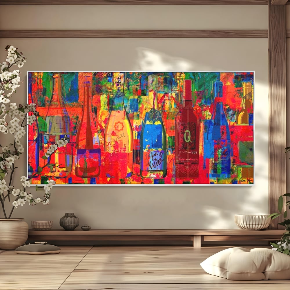 Tablou canvas cu tablou canvas cu sticle colorate de vin, in rama de aluminiu argintiu