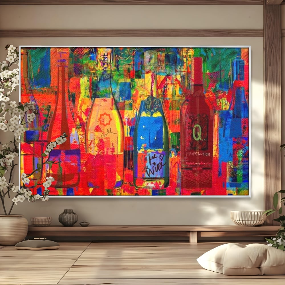 Tablou canvas cu tablou canvas cu sticle colorate de vin, in rama de aluminiu argintiu