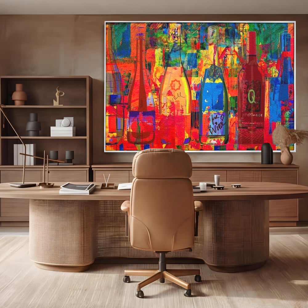 Tablou canvas cu tablou canvas cu sticle colorate de vin, in rama de aluminiu argintiu, pe perete intr-un birou