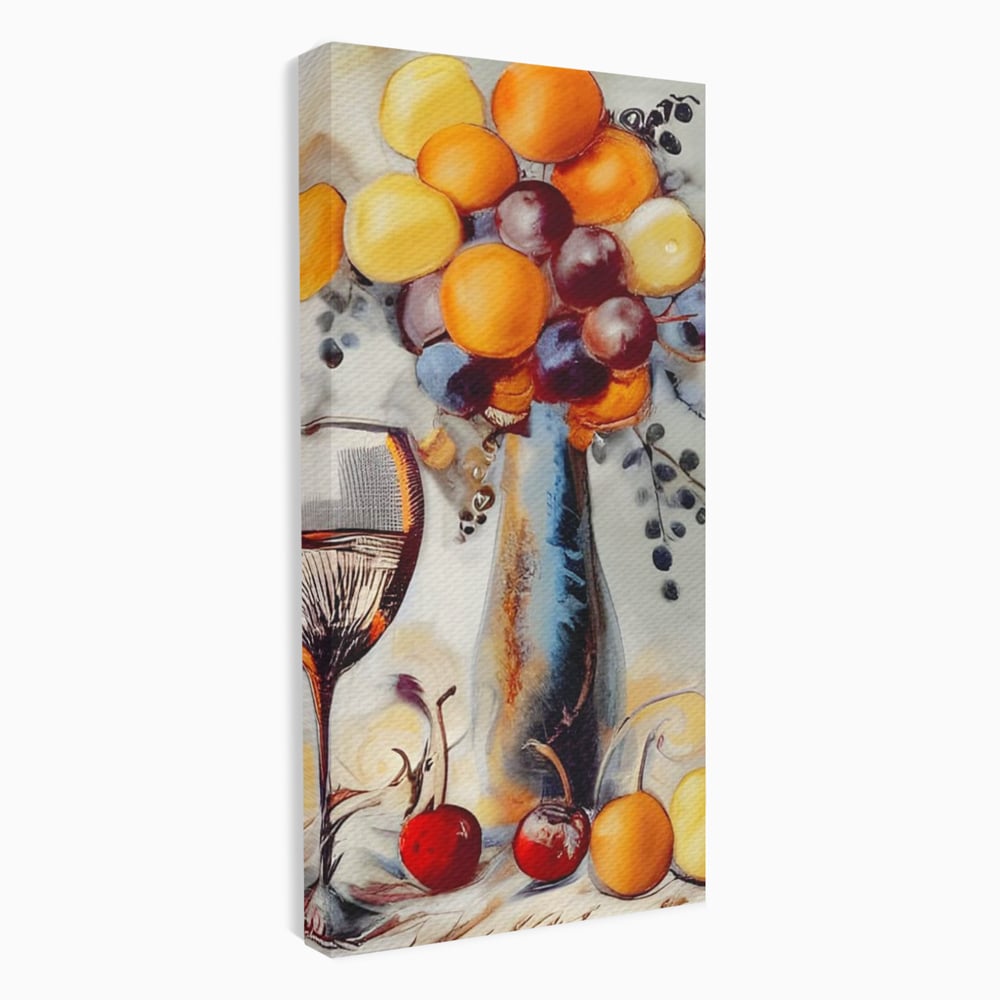Tablou canvas cu tablou cu sticla, pahar de vin si fructe, fara rama, pe sasiu de lemn