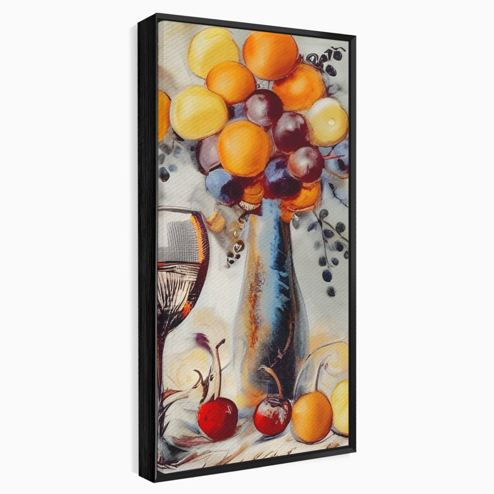 Tablou canvas cu tablou cu sticla, pahar de vin si fructe, in rama de aluminiu negru