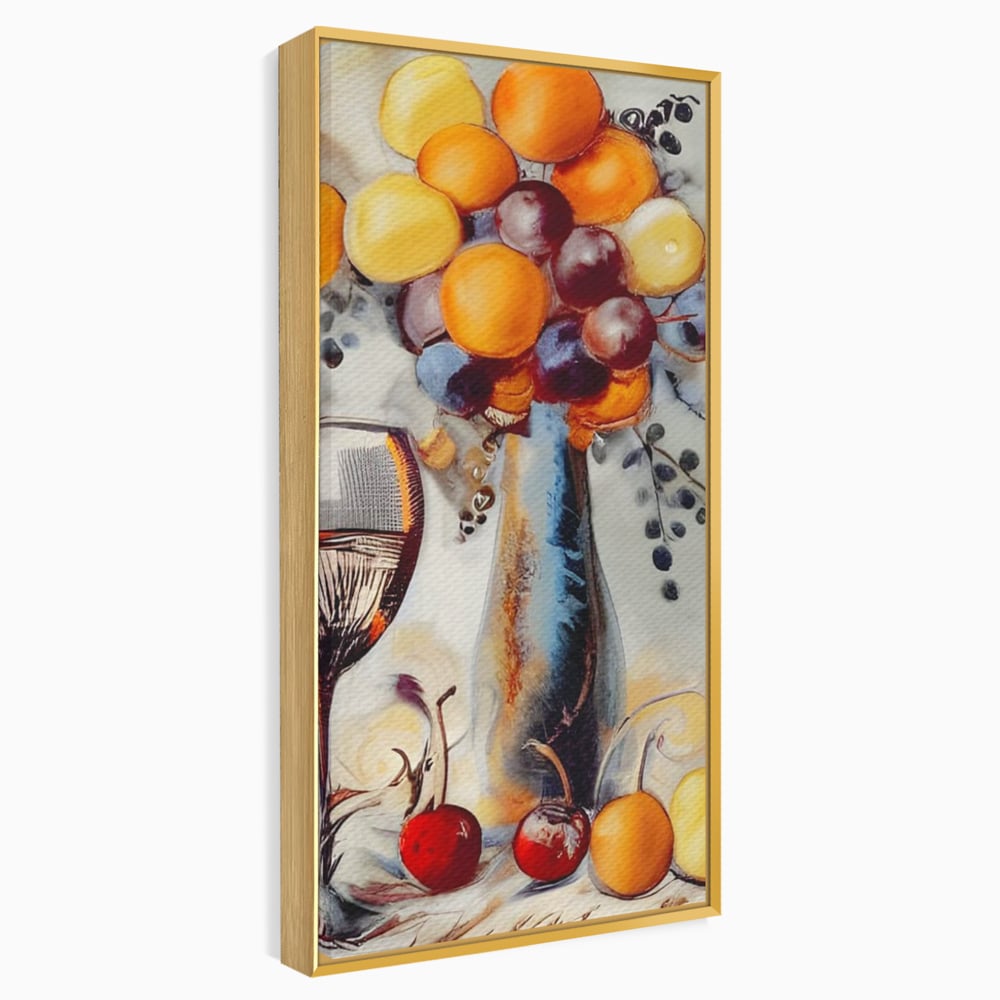 Tablou canvas cu tablou cu sticla, pahar de vin si fructe, in rama de aluminiu auriu