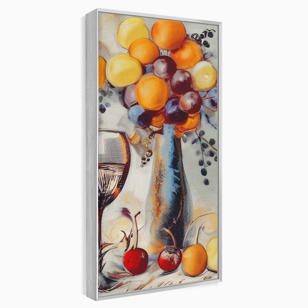 Tablou canvas cu tablou cu sticla, pahar de vin si fructe, in rama de aluminiu argintiu