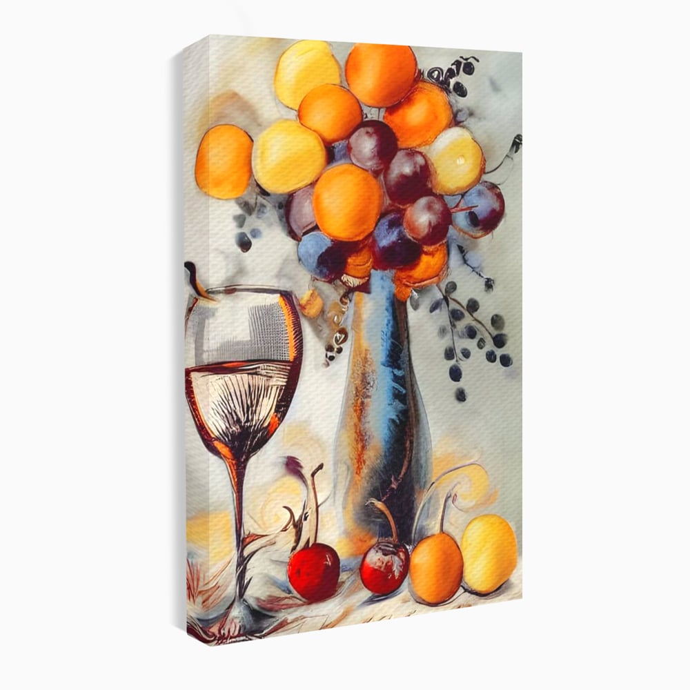 Tablou canvas cu tablou cu sticla, pahar de vin si fructe, fara rama, pe sasiu de lemn