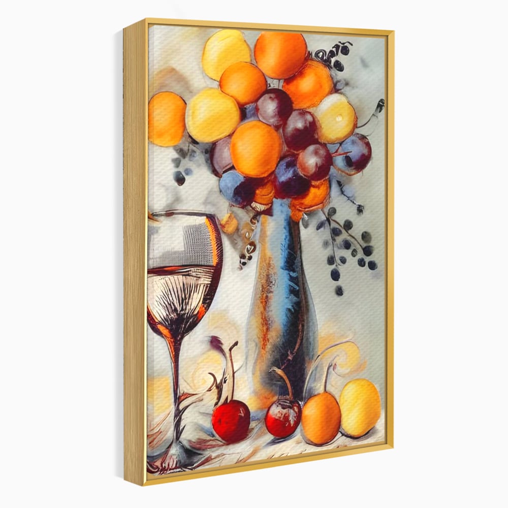 Tablou canvas cu tablou cu sticla, pahar de vin si fructe, in rama de aluminiu auriu