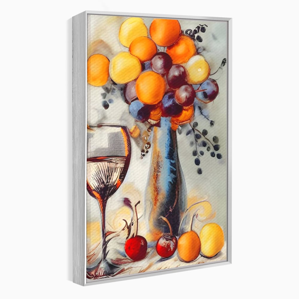 Tablou canvas cu tablou cu sticla, pahar de vin si fructe, in rama de aluminiu argintiu