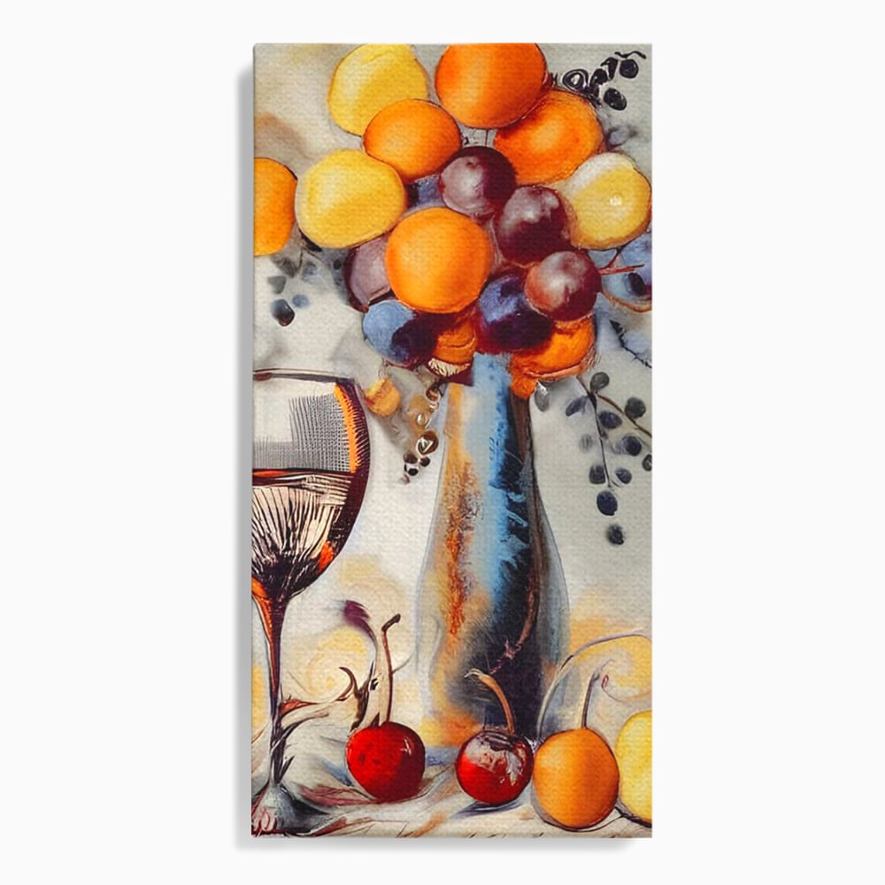 Tablou canvas cu tablou cu sticla, pahar de vin si fructe, fara rama, pe sasiu de lemn