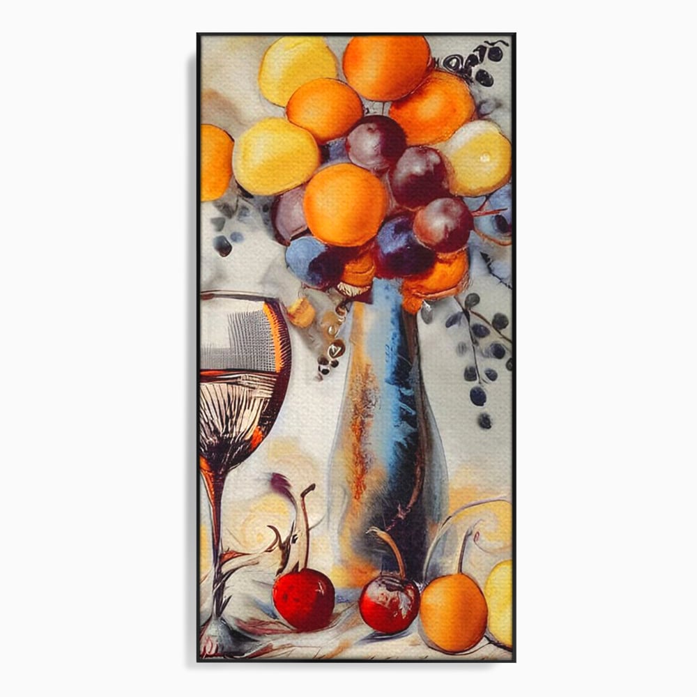 Tablou canvas cu tablou cu sticla, pahar de vin si fructe, in rama de aluminiu negru