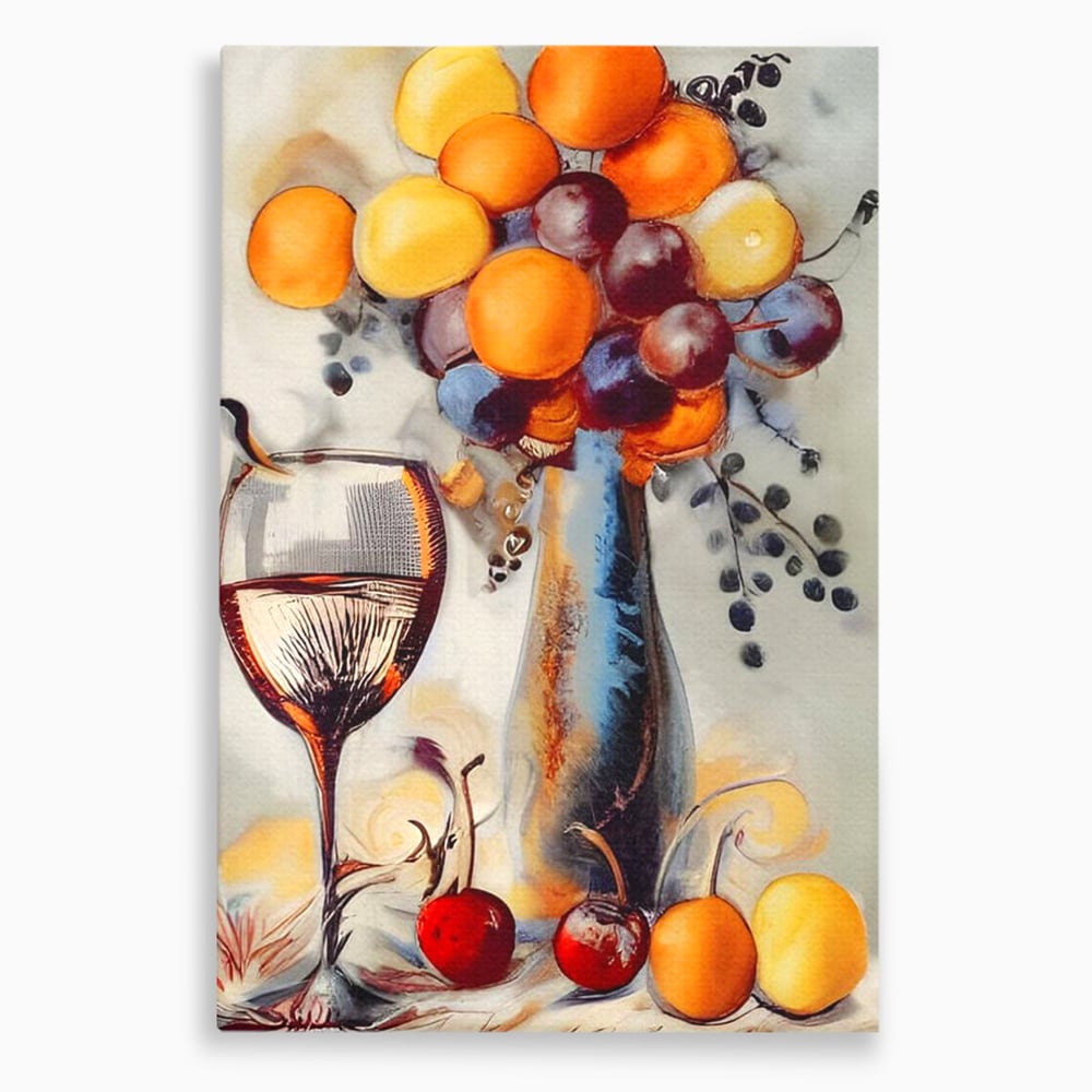Tablou canvas cu tablou cu sticla, pahar de vin si fructe, fara rama, pe sasiu de lemn