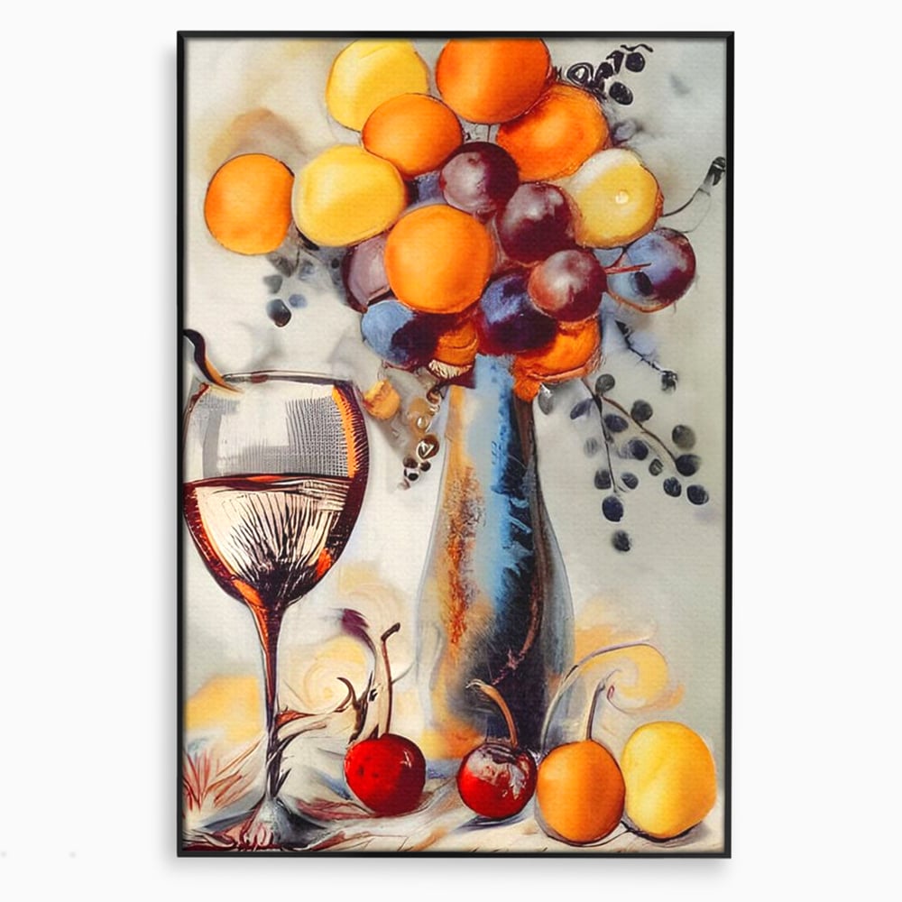 Tablou canvas cu tablou cu sticla, pahar de vin si fructe, in rama de aluminiu negru