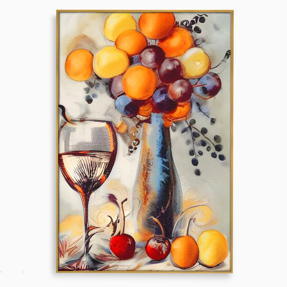 Tablou canvas cu tablou cu sticla, pahar de vin si fructe, in rama de aluminiu auriu