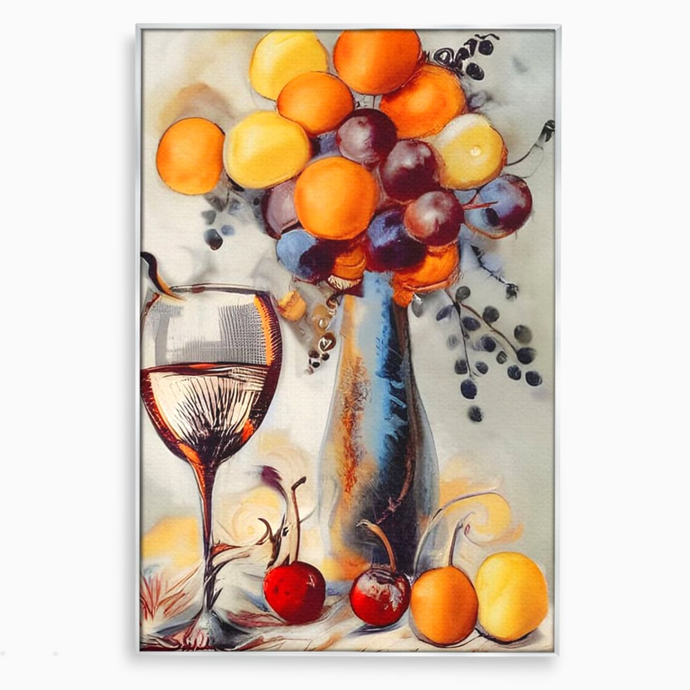 Tablou canvas cu tablou cu sticla, pahar de vin si fructe, in rama de aluminiu argintiu